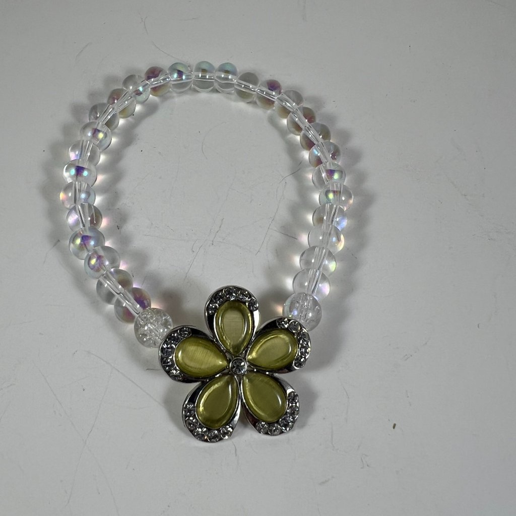 Clear Beaded Bracelet With Yellow Flower Rhinestone Charm By Marleekat Creations